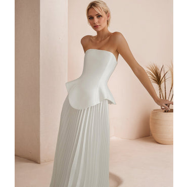 ストラップレス シフォン ウェディング ドレス A ライン プリーツ ブライダル ドレス