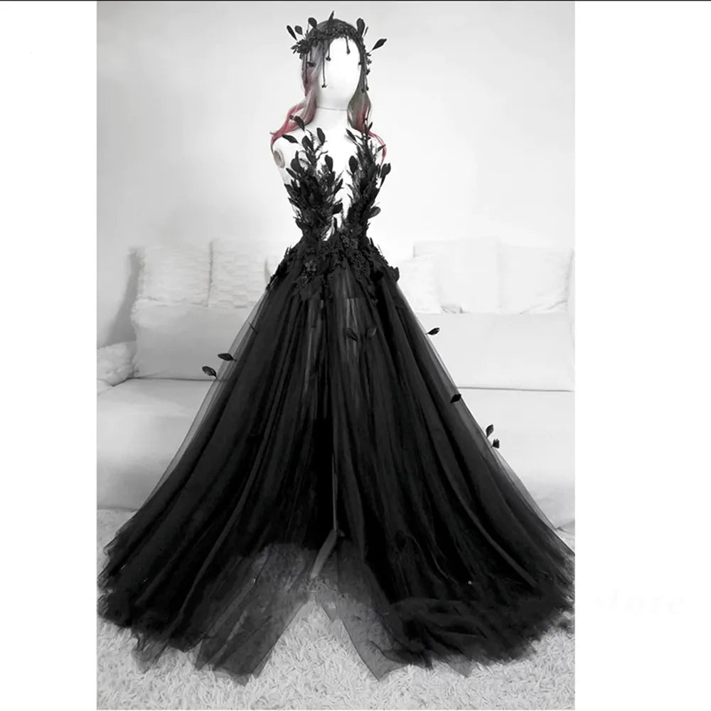 High Slit Gothic Black Wedding Dress Appliques Feather Pearls Beaded