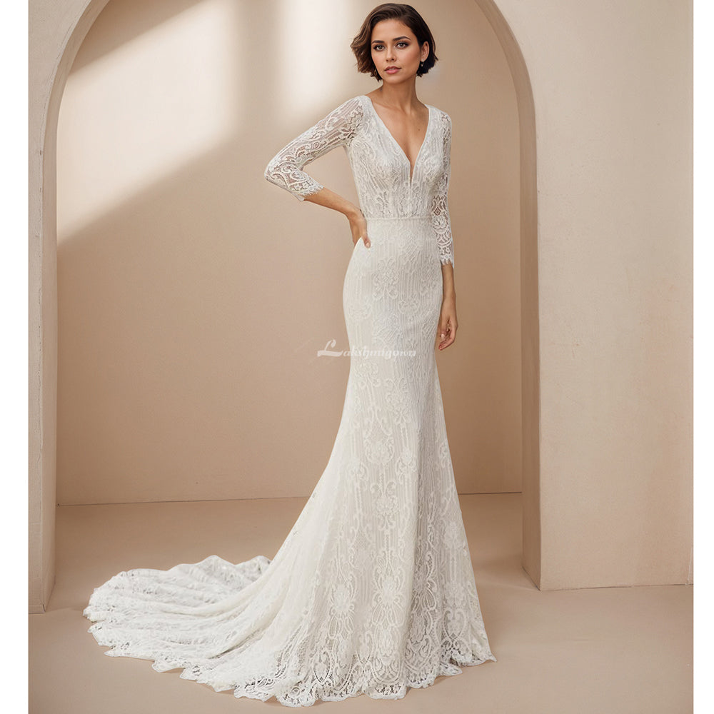 Lace Long Sleeve Wedding Dress Sheath Illusion V-Neck Bridal Gown