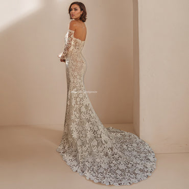 豪華な長袖ウェディングドレスオフショルダーレースマーメイドスイートハートブライダルドレス