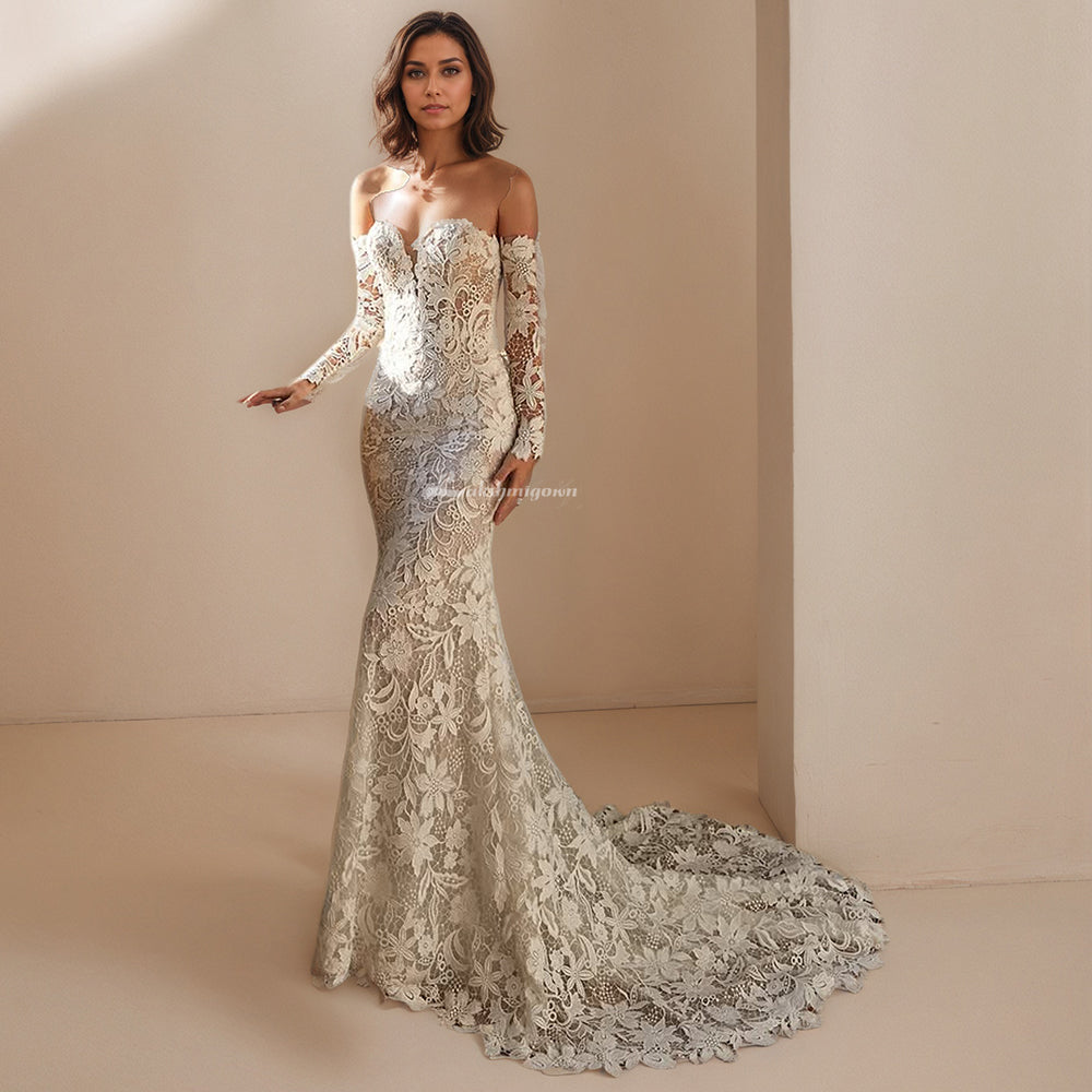 Luxury Long Sleeves Wedding Dresses Off the Shoulder Lace Mermaid Swee LAKSHMIGOWN Luxury Long Sleeves Wedding Dresses Off the Shoulder Lace Mermaid Swee LAKSHMIGOWN