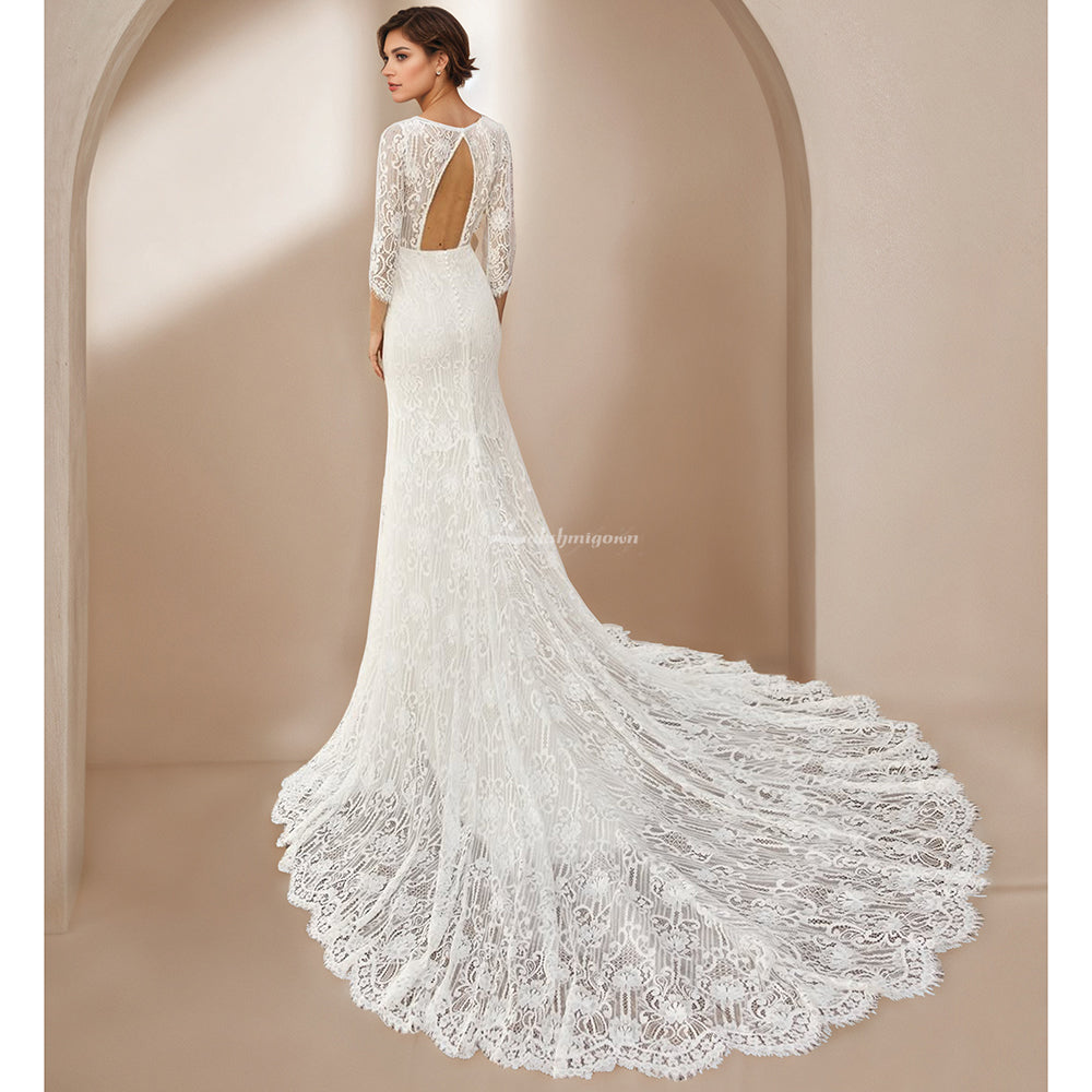 Lace Long Sleeve Wedding Dress Sheath Illusion V-Neck Bridal Gown