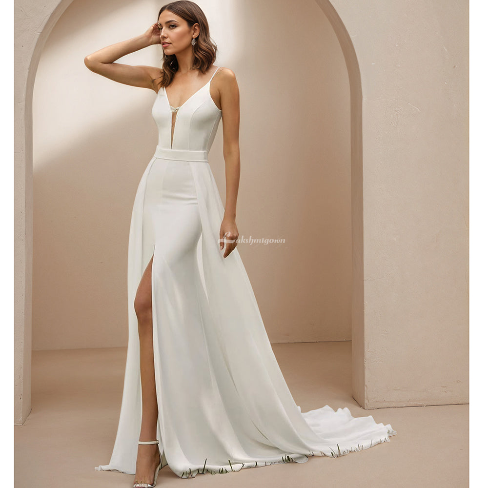 Simple Mermaid Wedding Dresses V-Neck Split Backless Trumpet Spaghetti Straps Bridal Gown