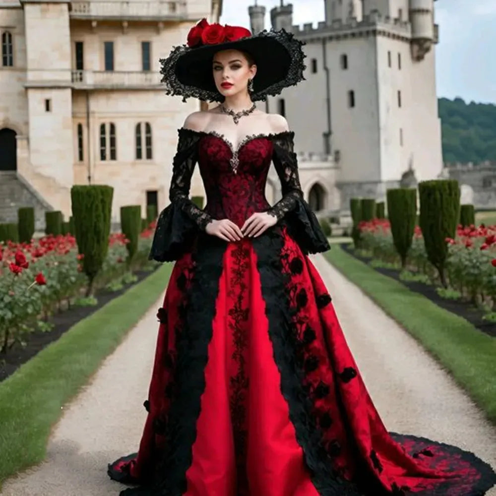 Black And Red Gothic Wedding Dress Medieval gothic victorian Bridal Gown