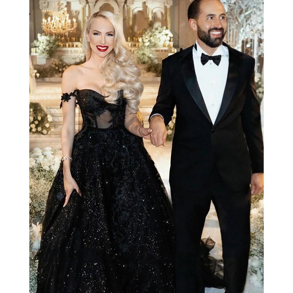 Off Shoulder Sparkly Sequins Gothic Black Wedding Dresses