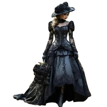 Robes de mariée gothiques noires médiévales, manches longues, avec des Appliques en dentelle, robes de mariée trapèze hautes et basses