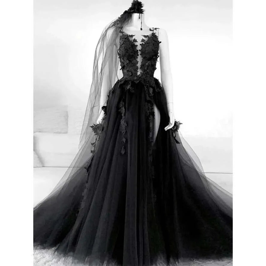 High Slit Tulle Black Gothic Wedding Dresses Halloween Wedding Dress