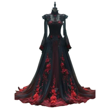 Red And Black Gothic Wedding Dress With 3D Floral Appliques Lace