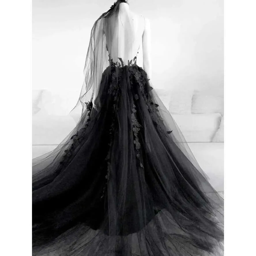 High Slit Tulle Black Gothic Wedding Dresses Halloween Wedding Dress