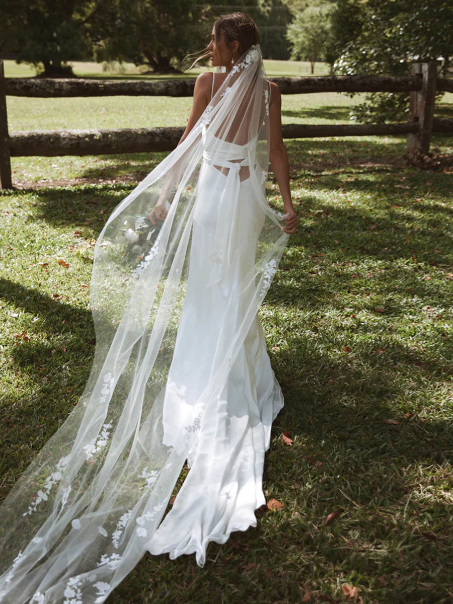 Spaghetti Straps High Slit Sleek Satin Wedding Dress with Train