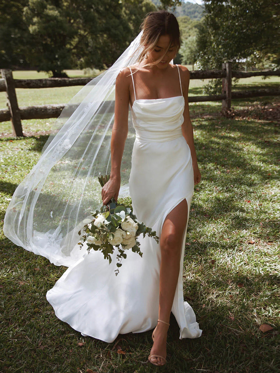 Spaghetti Straps High Slit Sleek Satin Wedding Dress with Train