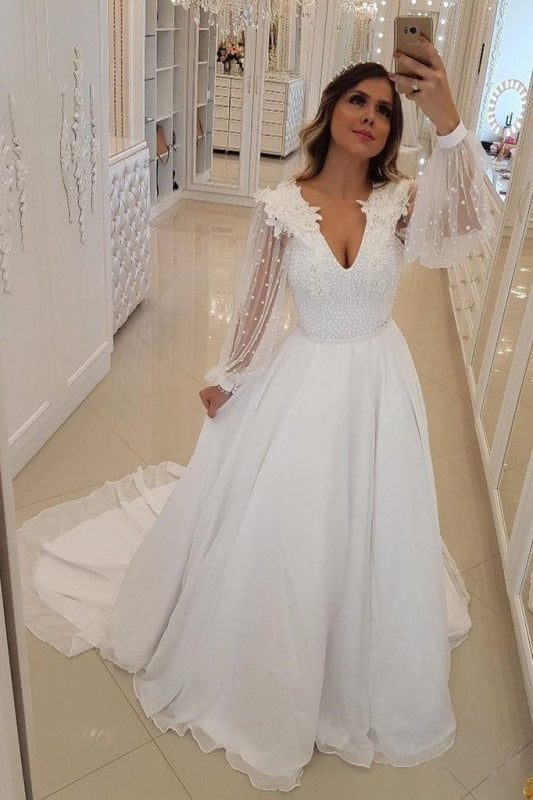 A Line Sleeves V Neck Long Prom Dresses White Beach Wedding Dress with Beading - Prom Dresses