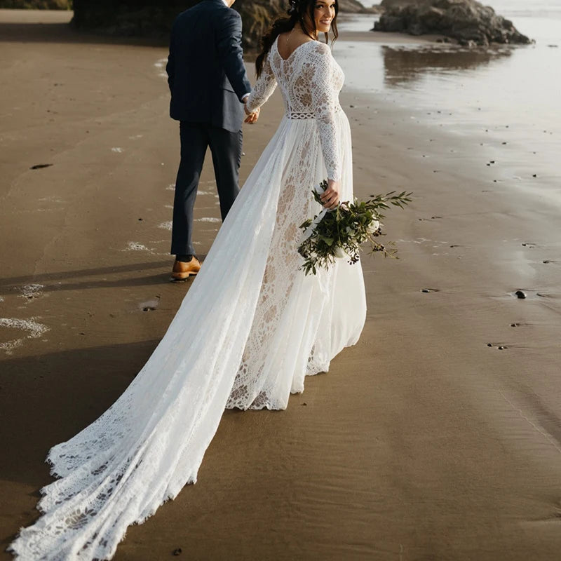 Hippie Boho Beach Elopement Lace Chiffon Wedding Dress
