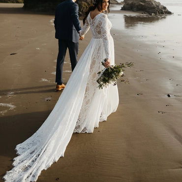 Hippie Boho Beach Elopement Lace Chiffon Wedding Dress