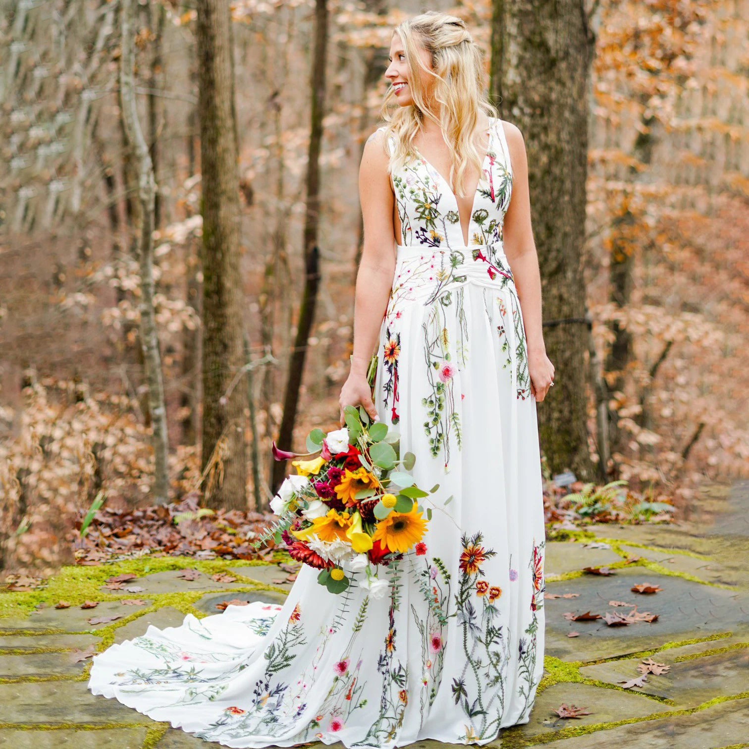 A Line Embroidered Wildflower Colorful Chiffon Wedding Dress LAKSHMIGOWN A Line Embroidered Wildflower Colorful Chiffon Wedding Dress LAKSHMIGOWN