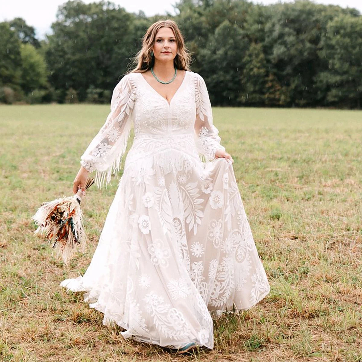 Long Puffy Sleeves Lace Boho Bridal Gowns Tassel Bohemian Beach Wedding Dress