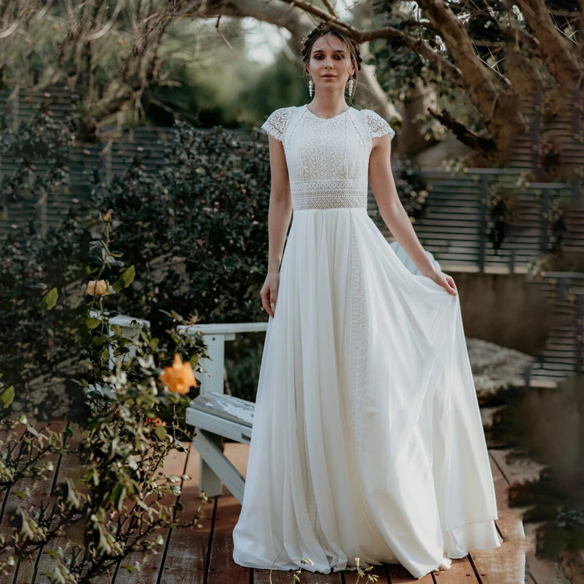 Chiffon A Line Boho Beach Wedding Dress with Keyhole Back