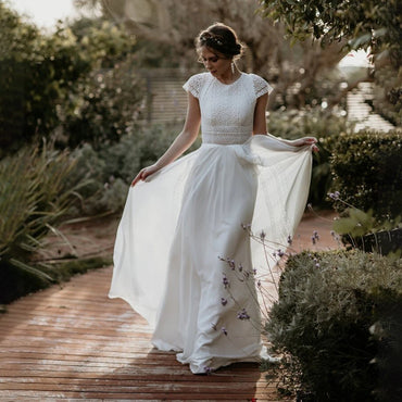 Chiffon A Line Boho Beach Wedding Dress with Keyhole Back