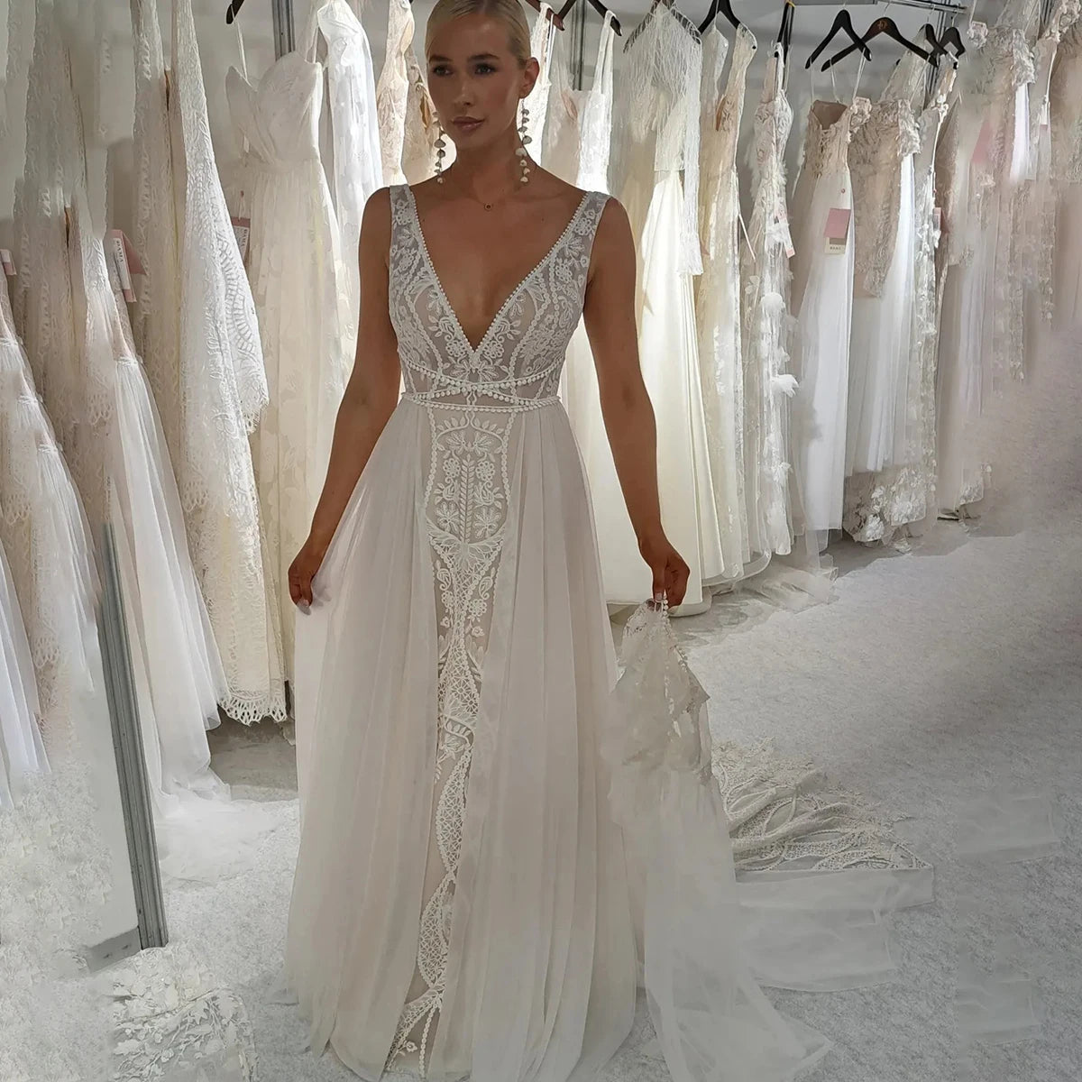 Lace V Neck Tulle Floral Lace Fringe Wedding Dress with Removable Bolero