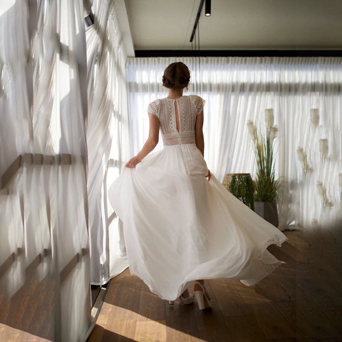 Chiffon A Line Boho Beach Wedding Dress with Keyhole Back