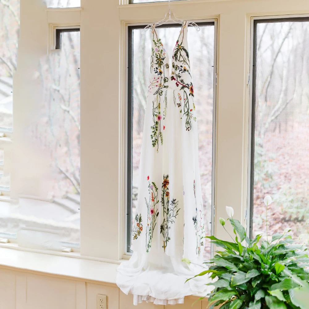 A Line Embroidered Wildflower Colorful Chiffon Wedding Dress