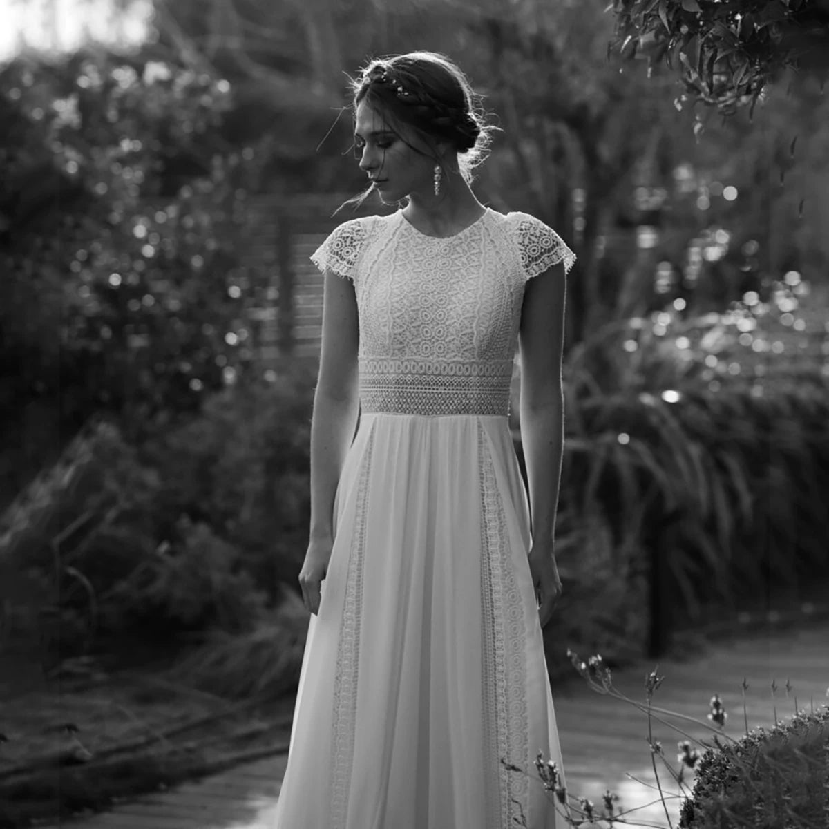 Chiffon A Line Boho Beach Wedding Dress with Keyhole Back