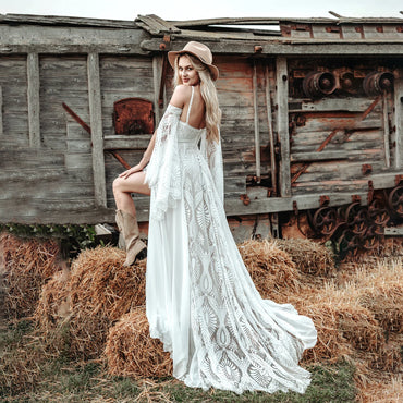 Halter Boho Lace Wedding Dress with Detachable Long Flare Sleeves