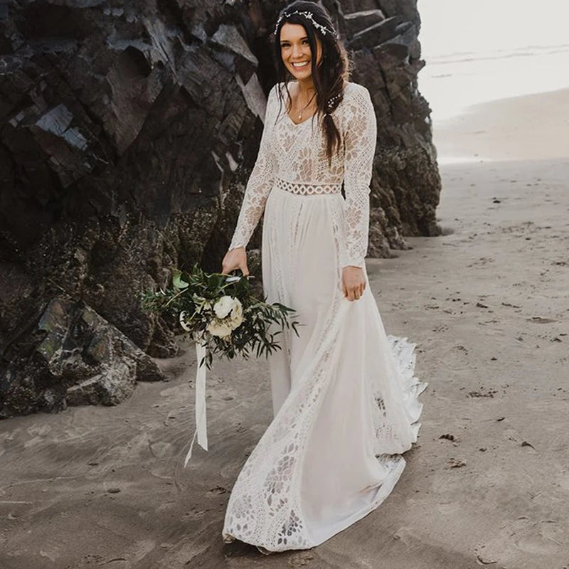 Hippie Boho Beach Elopement Lace Chiffon Wedding Dress LAKSHMIGOWN Hippie Boho Beach Elopement Lace Chiffon Wedding Dress LAKSHMIGOWN