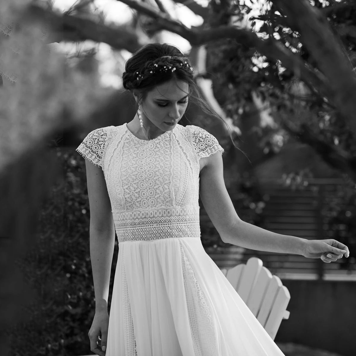Chiffon A Line Boho Beach Wedding Dress with Keyhole Back