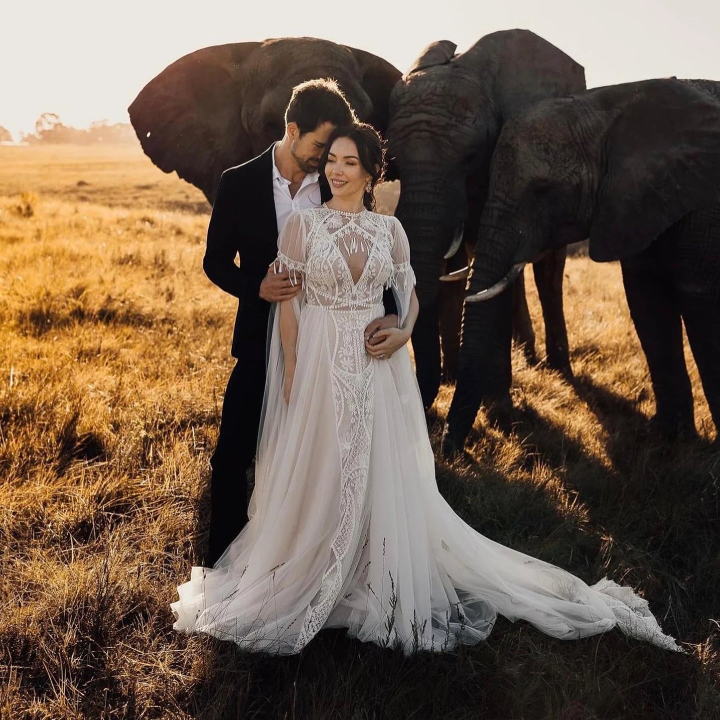 Lace V Neck Tulle Floral Lace Fringe Wedding Dress with Removable Bolero