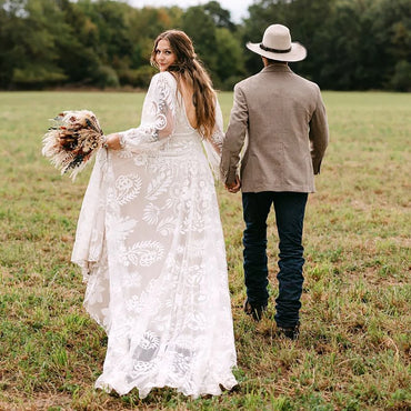 Long Puffy Sleeves Lace Boho Bridal Gowns Tassel Bohemian Beach Wedding Dress