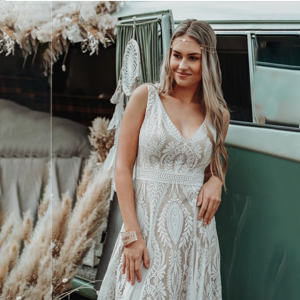Lace Chiffon Boho A Line Wedding Dress with Hippie Lace