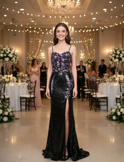 Spaghetti Strap Black Sequin Prom Dress with Floral
