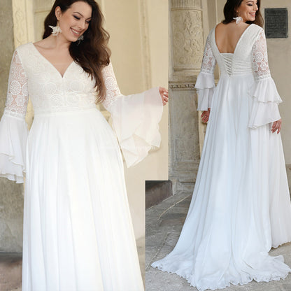 Plus Size Chiffon Flare Sleeves Wedding Dress with Lace Up Back