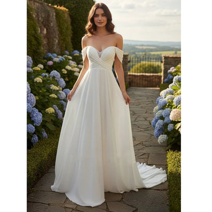 A-Line Country Garden Chiffon Wedding Dress with Sleeveless Ruching Off-the-shoulder