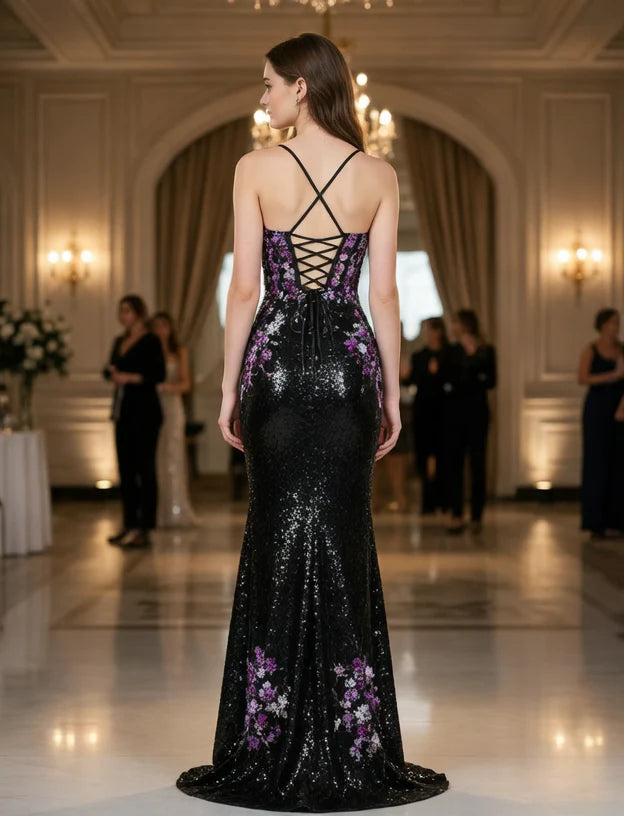 Spaghetti Strap Black Sequin Prom Dress with Floral