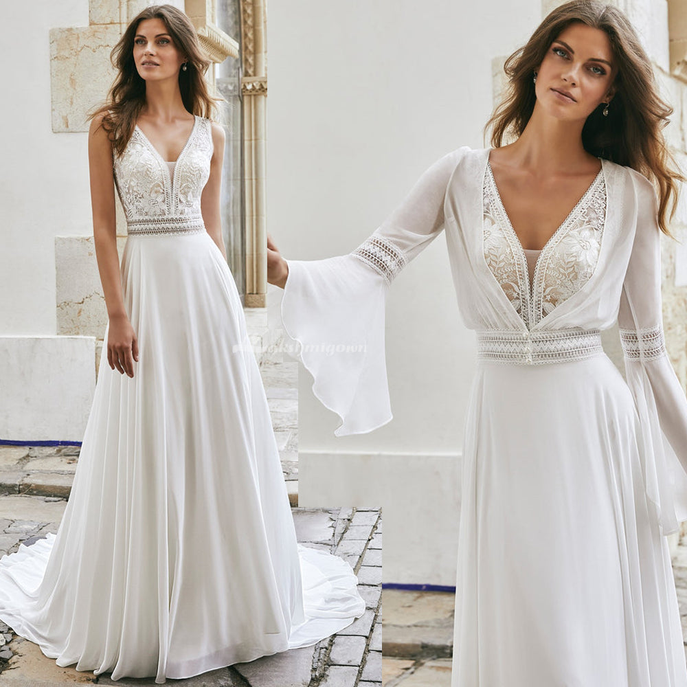 Boho V-Neck Lace Chiffon Wedding Dress with Detachable Jacket