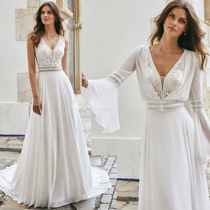 Boho V-Neck Lace Chiffon Wedding Dress with Detachable Jacket