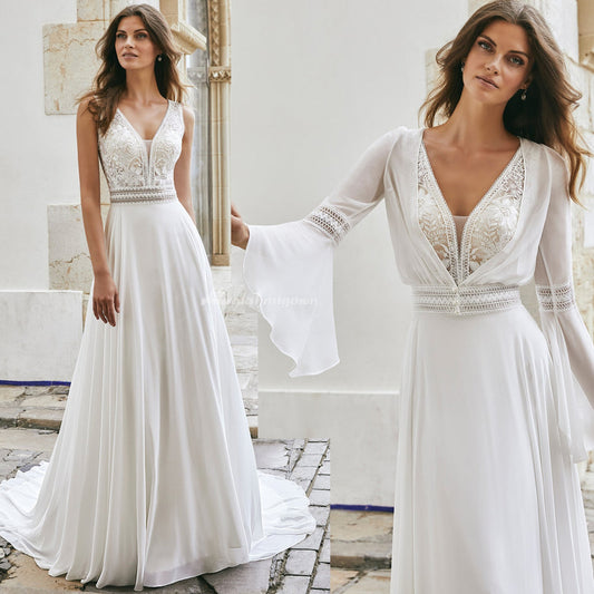 Boho V-Neck Lace Chiffon Wedding Dress with Detachable Jacket