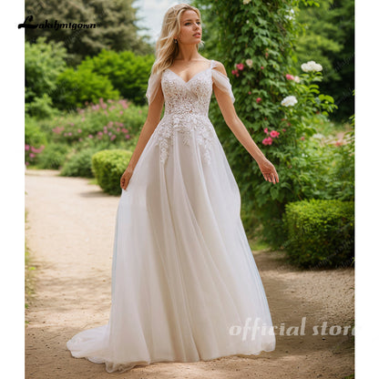 Spaghetti Straps Wedding Dress Off the Shoulder V-neck Tulle Bridal Dress