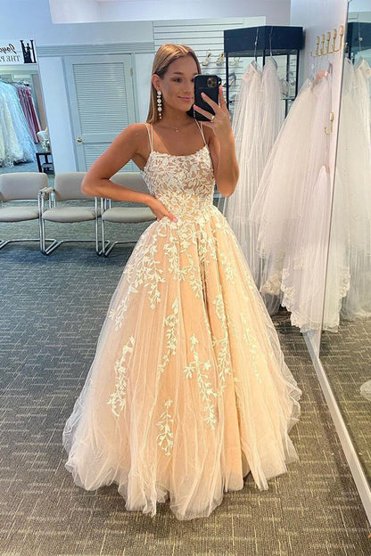 Yellow Spaghetti Straps Long Prom Dress with Appliques