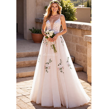 Floral Print V-Neck Wedding Dress Spaghetti Strap Floor-Length Appliques Lace Country Bridal Gowns