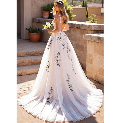 Floral Print V-Neck Wedding Dress Spaghetti Strap Floor-Length Appliques Lace Country Bridal Gowns