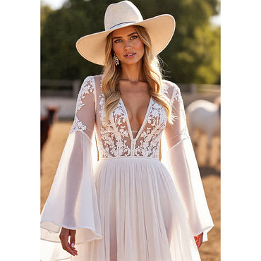 V-Neck A-Line Wedding Dresses Long Puff Sleeves Lace Appliques Bridal Gowns