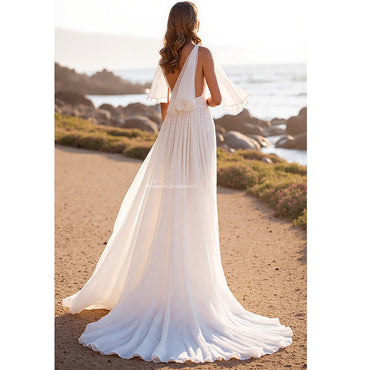 Ivory Bohemian Beach Chiffon Half Sleeves Wedding Dresses