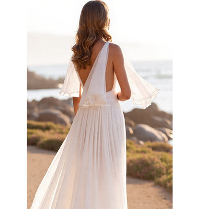 half sleeve boho wedding dress June Bridals Sexy Vintage Boho Lace Summer Wedding Dress Beach with Half Sleeves Country V-Neck Front Split Chiffon Open Back Bridal Gown Hippie