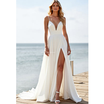 A-Line Satin Wedding Dresses Sexy V-neck Thigh Split Pleat Wedding Gown