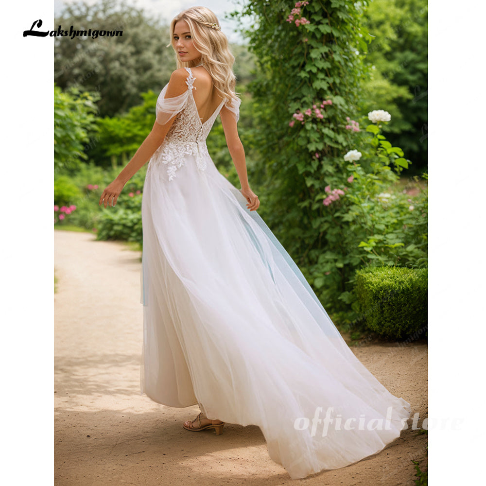 Spaghetti Straps Wedding Dress Off the Shoulder V-neck Tulle Bridal Dress