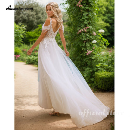 Spaghetti Straps Wedding Dress Off the Shoulder V-neck Tulle Bridal Dress