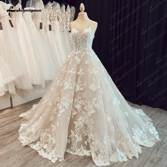 V Neck Lace Appliques Wedding Dresses Champagne Bridal Gowns